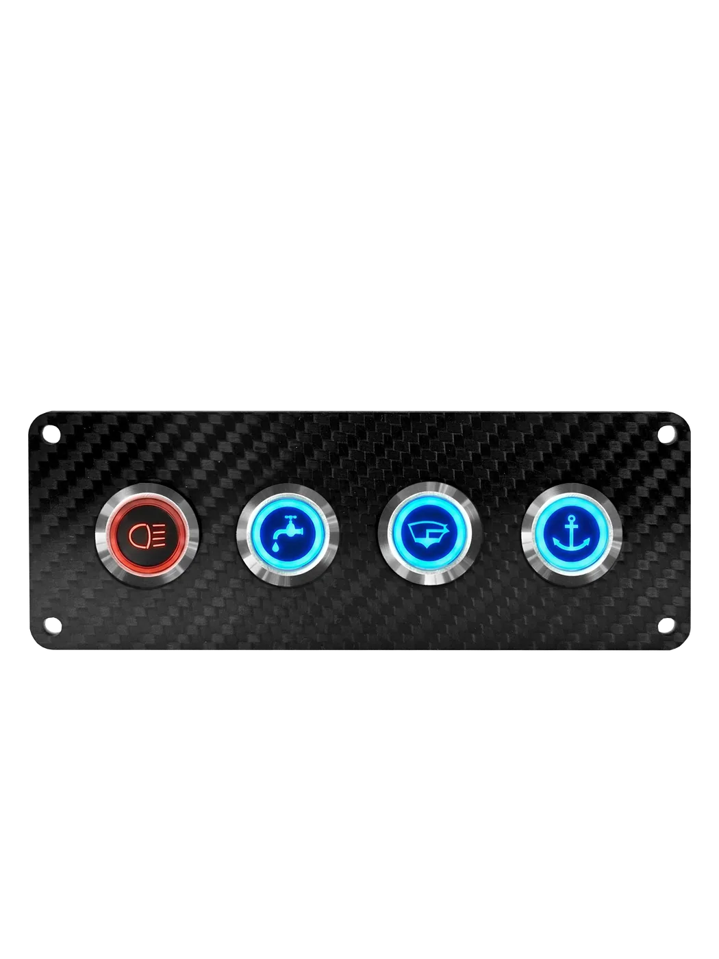 4 gang carbon fibre switch panel with 20A backlit switches