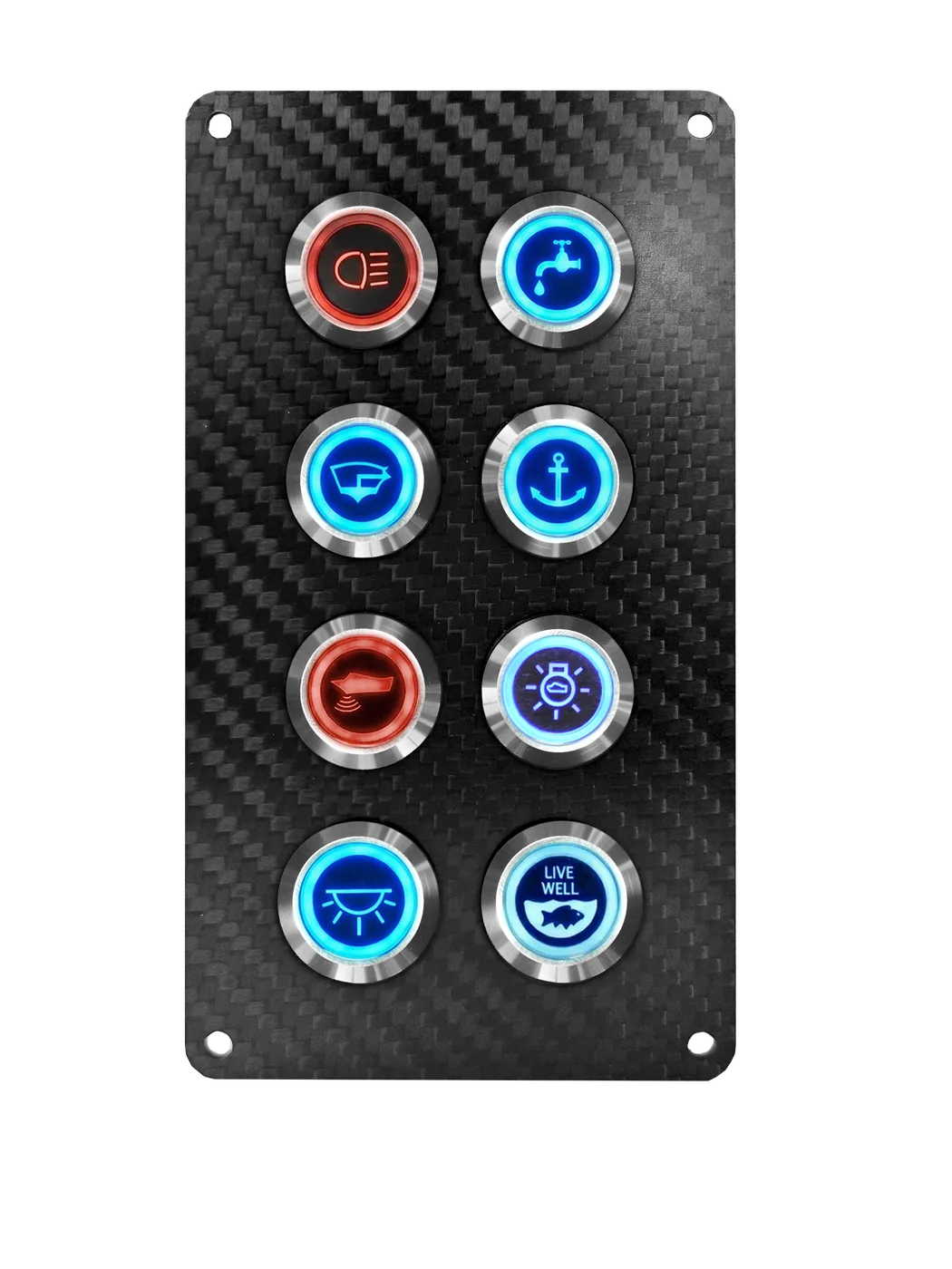 8 gang carbon fibre switch panel with 20A backlit switches
